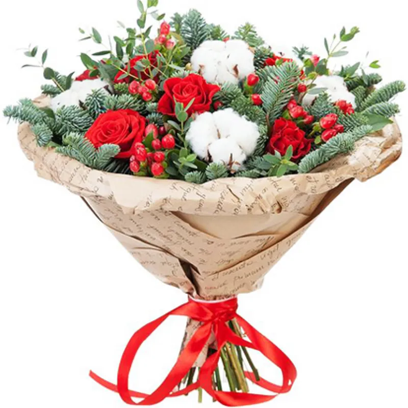 Букет Новогодний из красных роз с хлопком, доставка Зарубино (Прим. Кр)